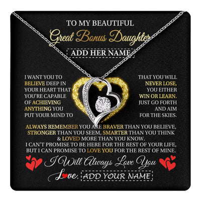 Forever Love Necklace 14K White Gold Finish | 1 | Personalized Beautiful Gift For Bonus Daughter From Step Mom Dad Graduation Necklace Great Stepdaughter Gifts Birthday Christmas Custom Gift Box Message Card | teecentury