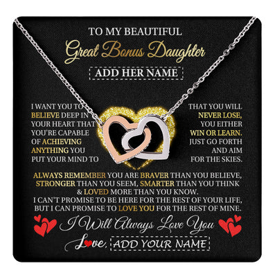 Interlocking Hearts Necklace Stainless Steel & Rose Gold Finish | 1 | Personalized Beautiful Gift For Bonus Daughter From Step Mom Dad Graduation Necklace Great Stepdaughter Gifts Birthday Christmas Custom Gift Box Message Card | teecentury