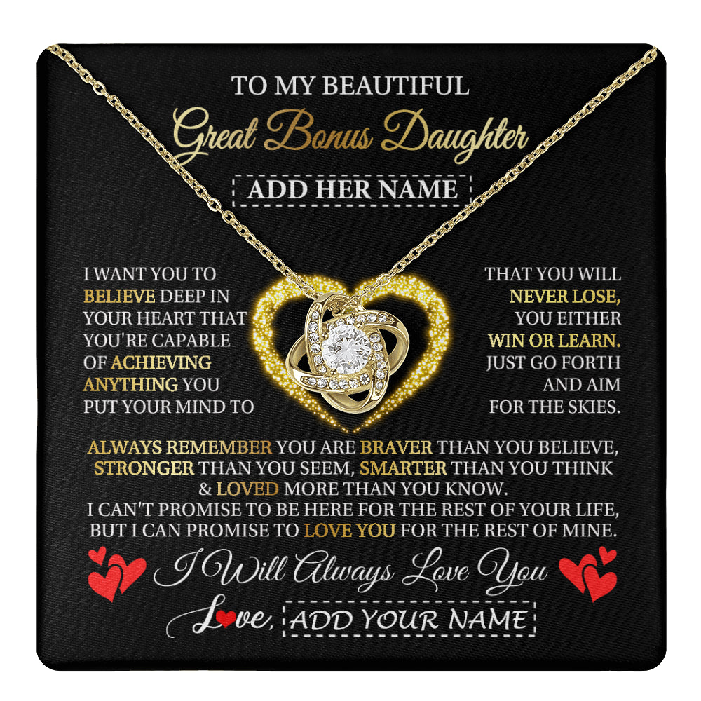 Love Knot Necklace 18K Yellow Gold Finish | 1 | Personalized Beautiful Gift For Bonus Daughter From Step Mom Dad Graduation Necklace Great Stepdaughter Gifts Birthday Christmas Custom Gift Box Message Card | teecentury