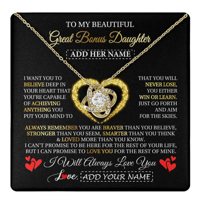 Love Knot Necklace 18K Yellow Gold Finish | 1 | Personalized Beautiful Gift For Bonus Daughter From Step Mom Dad Graduation Necklace Great Stepdaughter Gifts Birthday Christmas Custom Gift Box Message Card | teecentury