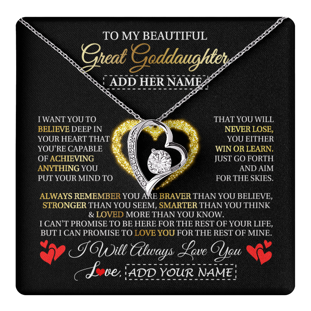 Forever Love Necklace 14K White Gold Finish | 1 | Personalized Beautiful Gift For Goddaughter From Godmother Graduation Necklace Great Goddaughter Gifts Birthday Christmas Customized Gift Box Message Card | teecentury