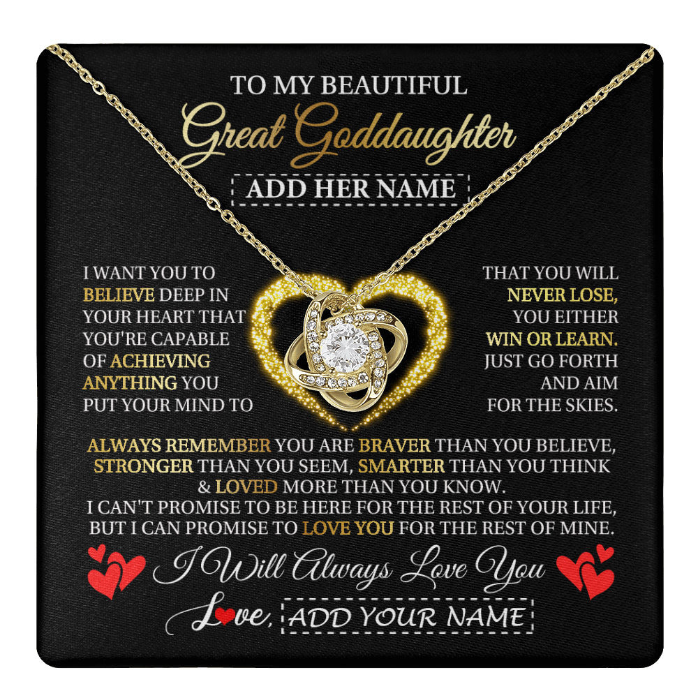 Love Knot Necklace 18K Yellow Gold Finish | 1 | Personalized Beautiful Gift For Goddaughter From Godmother Graduation Necklace Great Goddaughter Gifts Birthday Christmas Customized Gift Box Message Card | teecentury