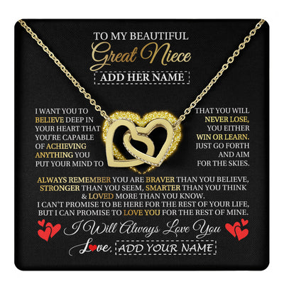Interlocking Hearts Necklace 18K Yellow Gold Finish | 1 | Personalized Beautiful Gift For Niece From Aunt Uncle Auntie Graduation Necklace Great Niece Gifts Birthday Christmas Customized Gift Box Message Card | teecentury