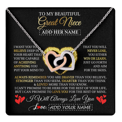 Interlocking Hearts Necklace Stainless Steel & Rose Gold Finish | 1 | Personalized Beautiful Gift For Niece From Aunt Uncle Auntie Graduation Necklace Great Niece Gifts Birthday Christmas Customized Gift Box Message Card | teecentury