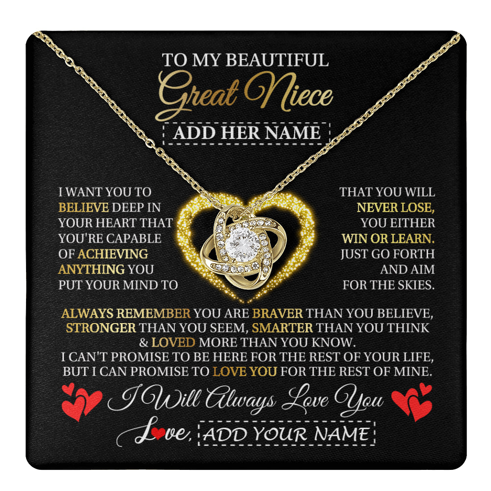 Love Knot Necklace 18K Yellow Gold Finish | 1 | Personalized Beautiful Gift For Niece From Aunt Uncle Auntie Graduation Necklace Great Niece Gifts Birthday Christmas Customized Gift Box Message Card | teecentury