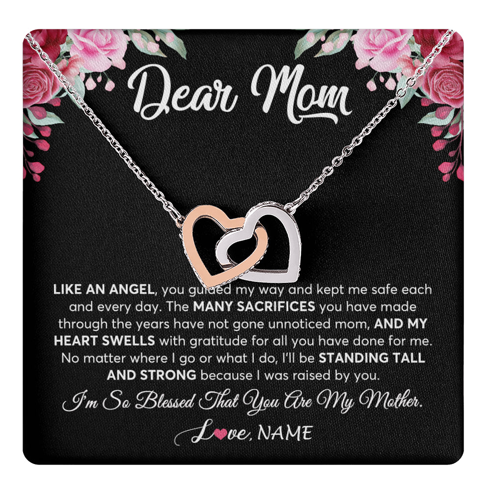 Interlocking Hearts Necklace Stainless Steel & Rose Gold Finish | 1 | Personalized Dear Mom Necklace From Daughter Son Like An Angel Mom Mothers Day Women Birthday Thanksgiving Christmas Jewelry Customized Gift Box Message Card | teecentury