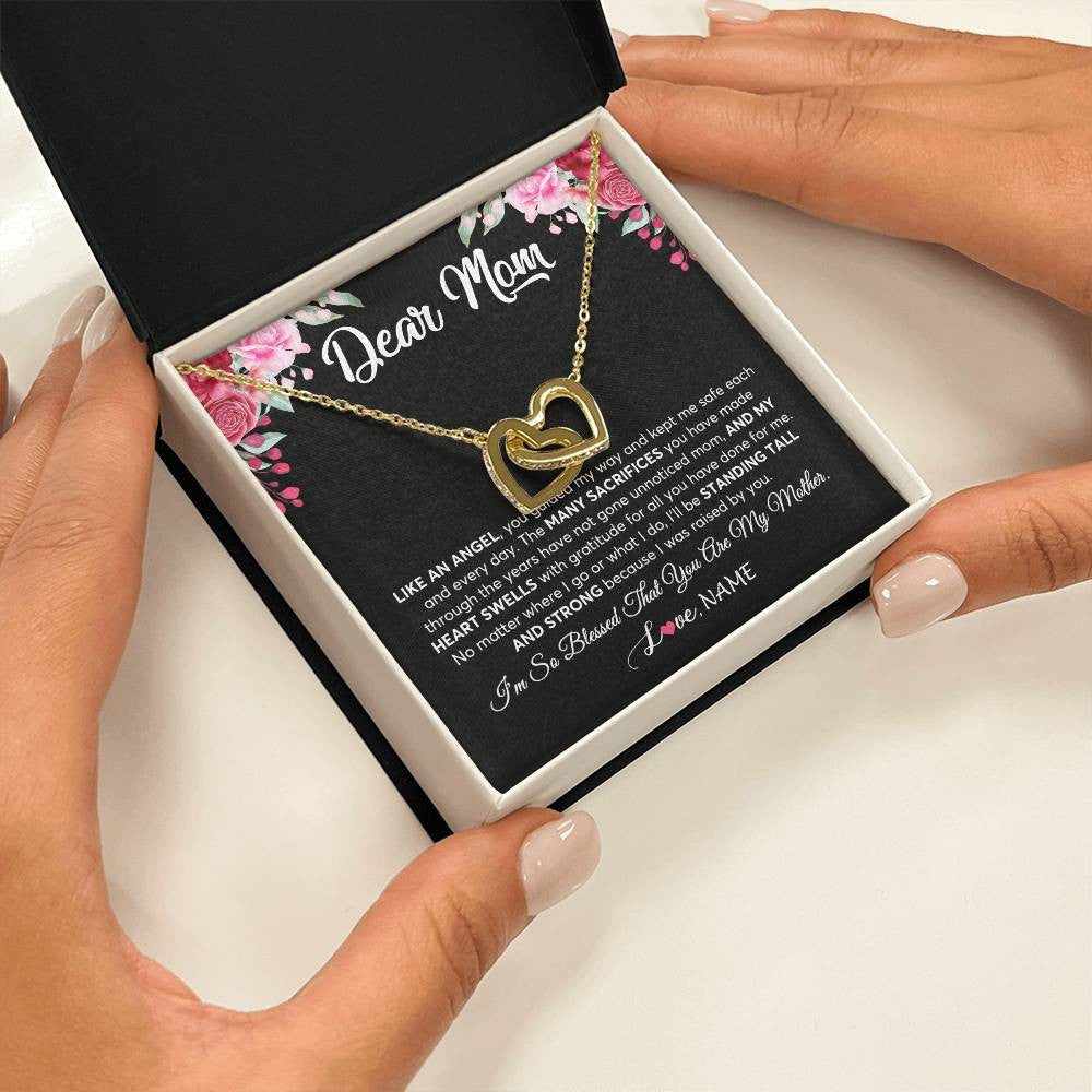 Interlocking Hearts Necklace 18K Yellow Gold Finish | 2 | Personalized Dear Mom Necklace From Daughter Son Like An Angel Mom Mothers Day Women Birthday Thanksgiving Christmas Jewelry Customized Gift Box Message Card | teecentury