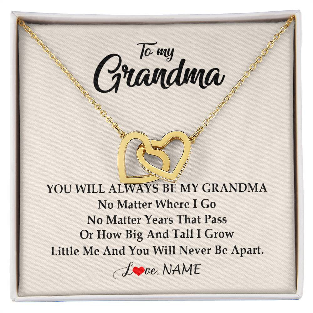 Interlocking Hearts Necklace 18K Yellow Gold Finish | Personalized Grandma Necklace From Grandkids Granddaughter Grandson You Will Always Be My Grandma Birthday Mothers Day Christmas Customized Gift Box Message Card | teecentury