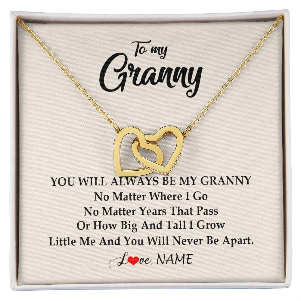 Interlocking Hearts Necklace 18K Yellow Gold Finish | Personalized Granny Necklace From Grandkids Granddaughter Grandson You Will Always Be My Granny Birthday Mothers Day Christmas Customized Gift Box Message Card | teecentury