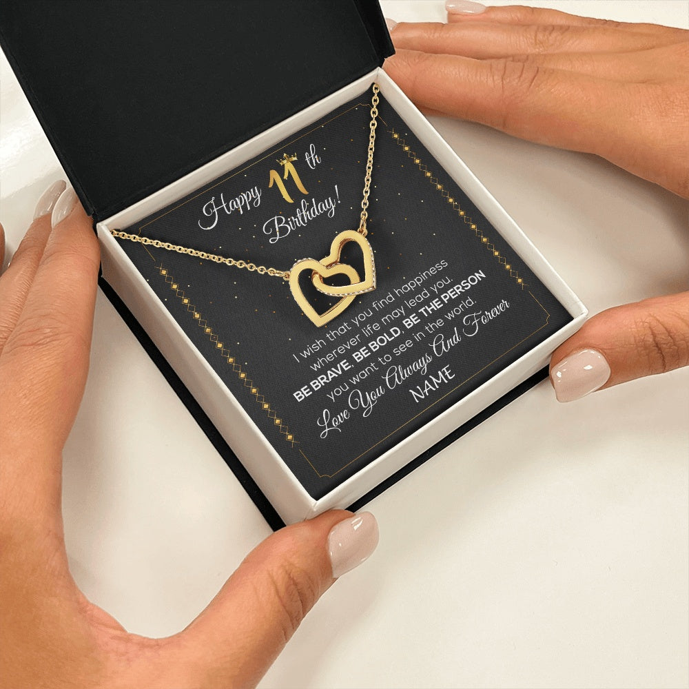 Interlocking Hearts Necklace 18K Yellow Gold Finish | 2 | Personalized Happy 11th Birthday Necklace For Her Women Daughter Niece Sister Goddaughter Granddaughter 11 Year Old Birthday Customized Gift Box Message Card | teecentury.myshopify