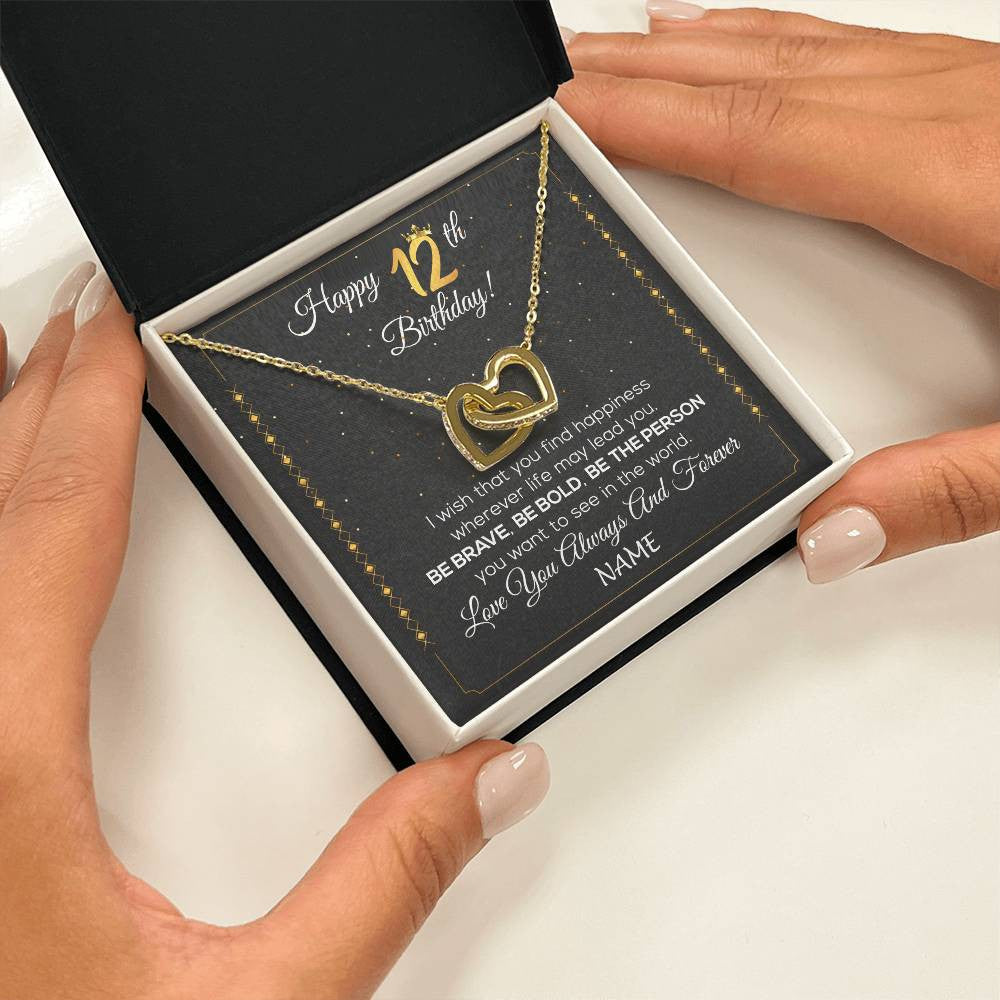 Interlocking Hearts Necklace 18K Yellow Gold Finish | 2 | Personalized Happy 12th Birthday Necklace For Her Girls Daughter Niece Sister Goddaughter Granddaughter 12 Year Old Birthday Customized Gift Box Message Card | teecentury