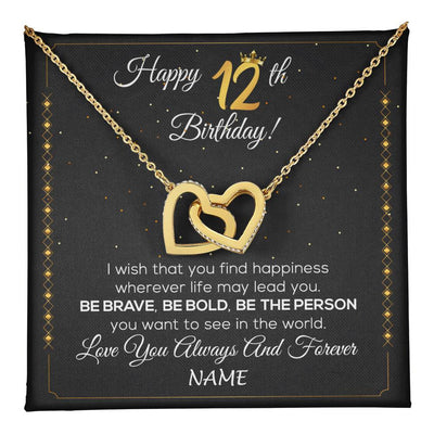 Interlocking Hearts Necklace 18K Yellow Gold Finish | 1 | Personalized Happy 12th Birthday Necklace For Her Girls Daughter Niece Sister Goddaughter Granddaughter 12 Year Old Birthday Customized Gift Box Message Card | teecentury