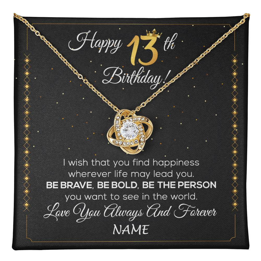 Love Knot Necklace 18K Yellow Gold Finish | 1 | Personalized Happy 13th Birthday Necklace For Her Girls Daughter Niece Sister Goddaughter Granddaughter 13 Year Old Birthday Customized Gift Box Message Card | teecentury
