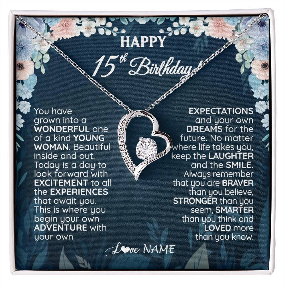 Forever Love Necklace 14K White Gold Finish | 1 | Personalized Happy 15th Birthday Gifts Necklace Sweet Fifteen 15th Year Old Girl Birthday Gift Ideas For Her Daughter Niece Jewelry Gift Box Message Card | teecentury