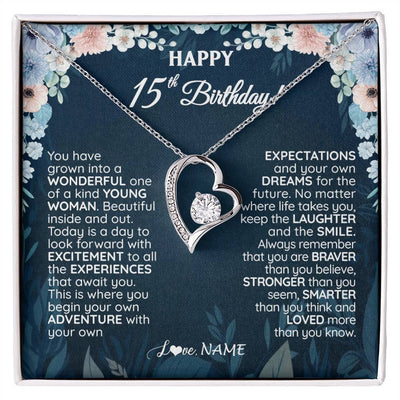 Forever Love Necklace 14K White Gold Finish | 1 | Personalized Happy 15th Birthday Gifts Necklace Sweet Fifteen 15th Year Old Girl Birthday Gift Ideas For Her Daughter Niece Jewelry Gift Box Message Card | teecentury