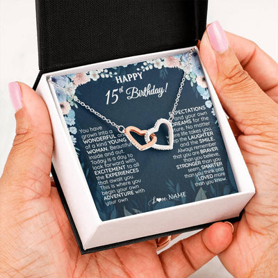 Interlocking Hearts Necklace Stainless Steel & Rose Gold Finish | 2 | Personalized Happy 15th Birthday Gifts Necklace Sweet Fifteen 15th Year Old Girl Birthday Gift Ideas For Her Daughter Niece Jewelry Gift Box Message Card | teecentury