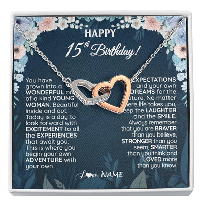 Interlocking Hearts Necklace Stainless Steel & Rose Gold Finish | 1 | Personalized Happy 15th Birthday Gifts Necklace Sweet Fifteen 15th Year Old Girl Birthday Gift Ideas For Her Daughter Niece Jewelry Gift Box Message Card | teecentury