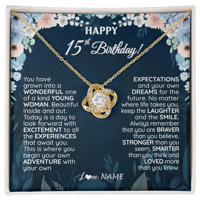 Love Knot Necklace 18K Yellow Gold Finish | 1 | Personalized Happy 15th Birthday Gifts Necklace Sweet Fifteen 15th Year Old Girl Birthday Gift Ideas For Her Daughter Niece Jewelry Gift Box Message Card | teecentury