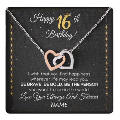 Interlocking Hearts Necklace Stainless Steel & Rose Gold Finish | 1 | Personalized Happy 16Th Birthday Necklace For Her Women Daughter Niece Sister Goddaughter Granddaughter 16 Year Old Birthday Customized Gift Box Message Card | teecentury.myshopify