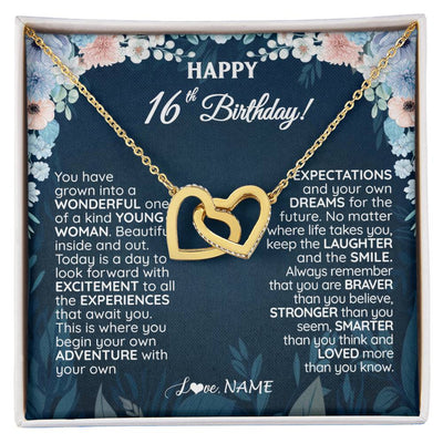 Interlocking Hearts Necklace 18K Yellow Gold Finish | 1 | Personalized Happy 16th Birthday Gifts Necklace Sweet Fifteen 16th Year Old Girl Birthday Gift Ideas For Her Daughter Niece Jewelry Gift Box Message Card | teecentury