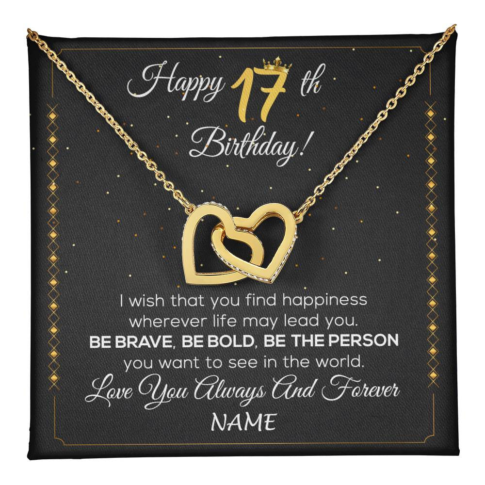 Interlocking Hearts Necklace 18K Yellow Gold Finish | 1 | Personalized Happy 17Th Birthday Necklace For Her Girls Daughter Niece Sister Goddaughter Granddaughter 17 Year Old Birthday Customized Gift Box Message Card | teecentury