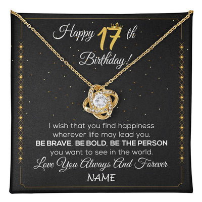 Love Knot Necklace 18K Yellow Gold Finish | 1 | Personalized Happy 17Th Birthday Necklace For Her Girls Daughter Niece Sister Goddaughter Granddaughter 17 Year Old Birthday Customized Gift Box Message Card | teecentury