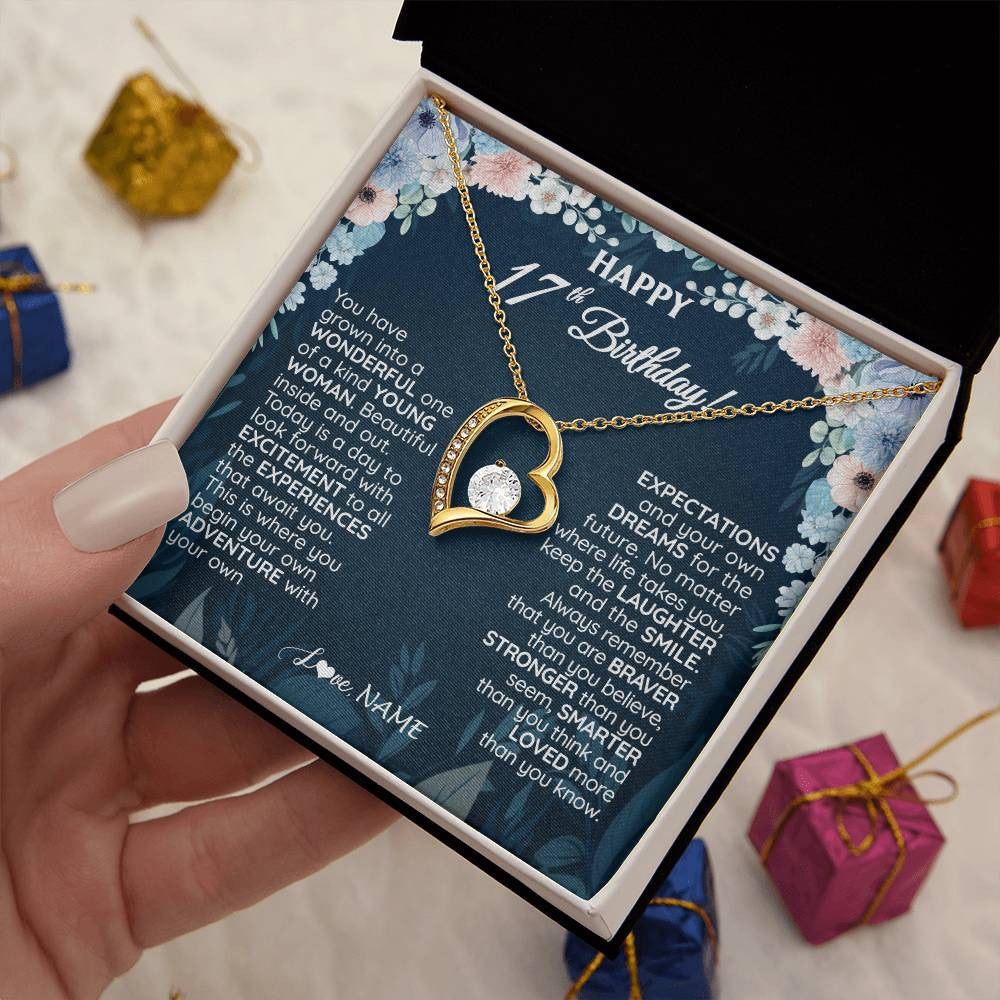 Forever Love Necklace 18K Yellow Gold Finish | 2 | Personalized Happy 17th Birthday Gifts Necklace Sweet Fifteen 17th Year Old Girl Birthday Gift Ideas For Her Daughter Niece Jewelry Gift Box Message Card | teecentury
