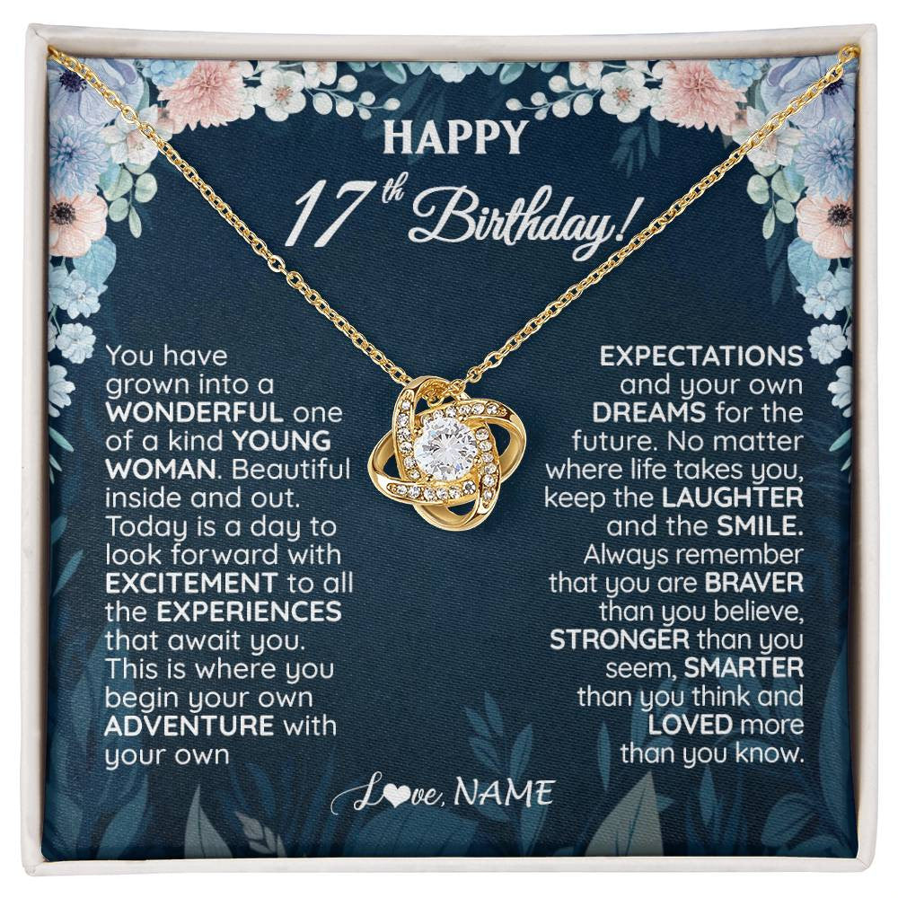 Love Knot Necklace 18K Yellow Gold Finish | 1 | Personalized Happy 17th Birthday Gifts Necklace Sweet Fifteen 17th Year Old Girl Birthday Gift Ideas For Her Daughter Niece Jewelry Gift Box Message Card | teecentury