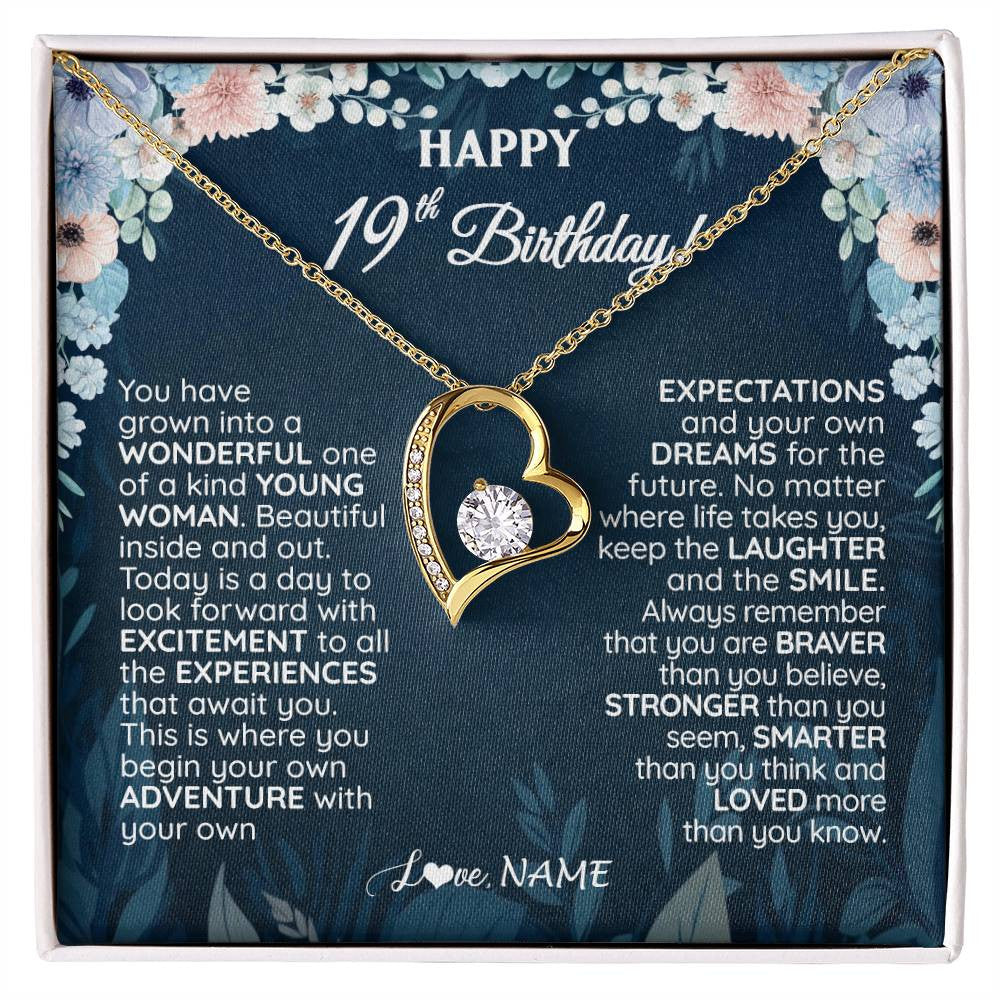 Forever Love Necklace 18K Yellow Gold Finish | 1 | Personalized Happy 19th Birthday Gifts Necklace Sweet Fifteen 19th Year Old Girl Birthday Gift Ideas For Her Daughter Niece Jewelry Gift Box Message Card | teecentury