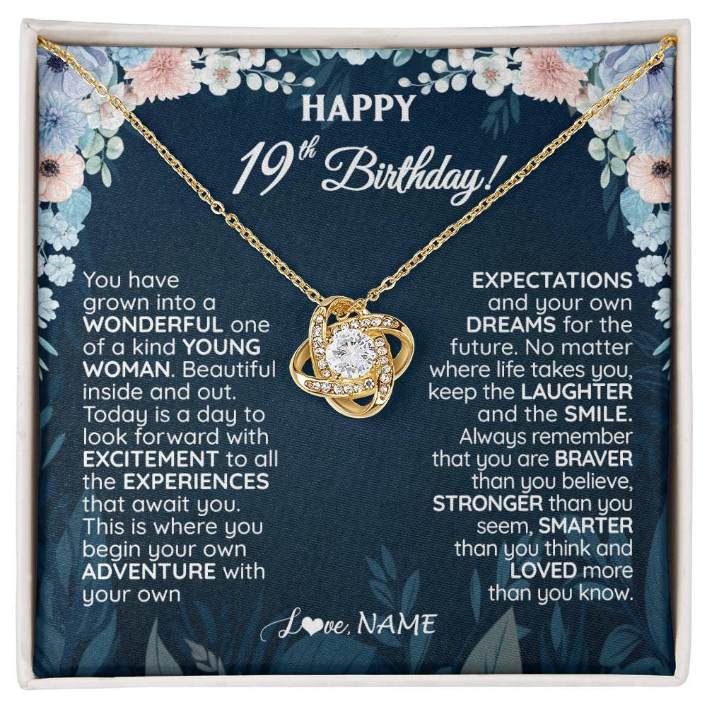 Love Knot Necklace 18K Yellow Gold Finish | 1 | Personalized Happy 19th Birthday Gifts Necklace Sweet Fifteen 19th Year Old Girl Birthday Gift Ideas For Her Daughter Niece Jewelry Gift Box Message Card | teecentury