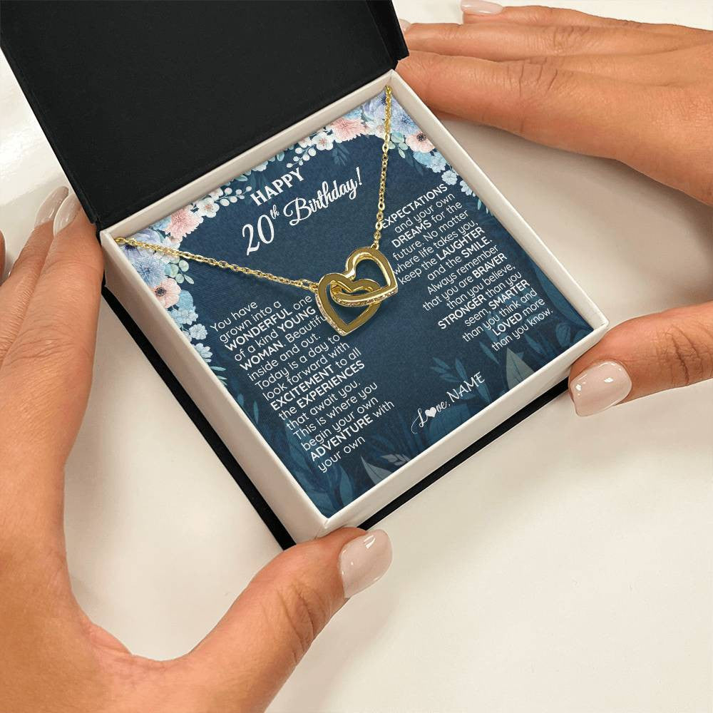 Interlocking Hearts Necklace 18K Yellow Gold Finish | 2 | Personalized Happy 20th Birthday Gifts Necklace Sweet Fifteen 20th Year Old Girl Birthday Gift Ideas For Her Daughter Niece Jewelry Gift Box Message Card | teecentury