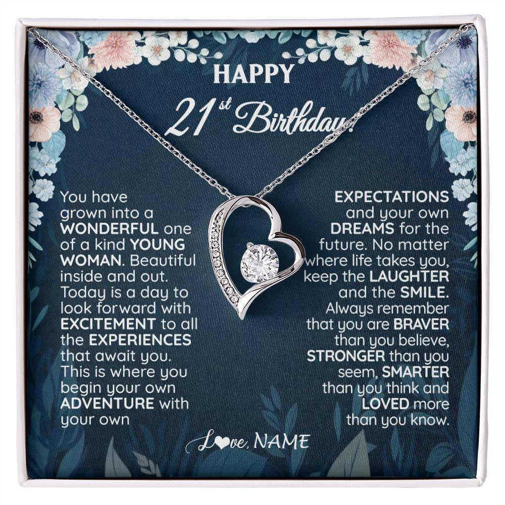 Forever Love Necklace 14K White Gold Finish | 1 | Personalized Happy 21st Birthday Gifts Necklace Sweet Fifteen 21st Year Old Girl Birthday Gift Ideas For Her Daughter Niece Jewelry Gift Box Message Card | teecentury