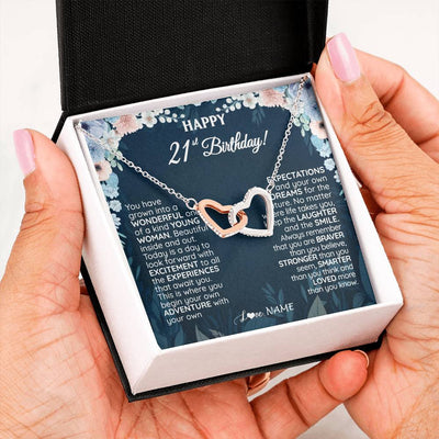 Interlocking Hearts Necklace Stainless Steel & Rose Gold Finish | 2 | Personalized Happy 21st Birthday Gifts Necklace Sweet Fifteen 21st Year Old Girl Birthday Gift Ideas For Her Daughter Niece Jewelry Gift Box Message Card | teecentury