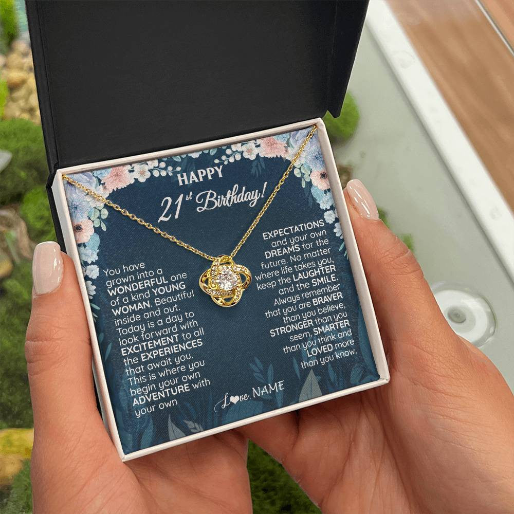 Love Knot Necklace 18K Yellow Gold Finish | 2 | Personalized Happy 21st Birthday Gifts Necklace Sweet Fifteen 21st Year Old Girl Birthday Gift Ideas For Her Daughter Niece Jewelry Gift Box Message Card | teecentury