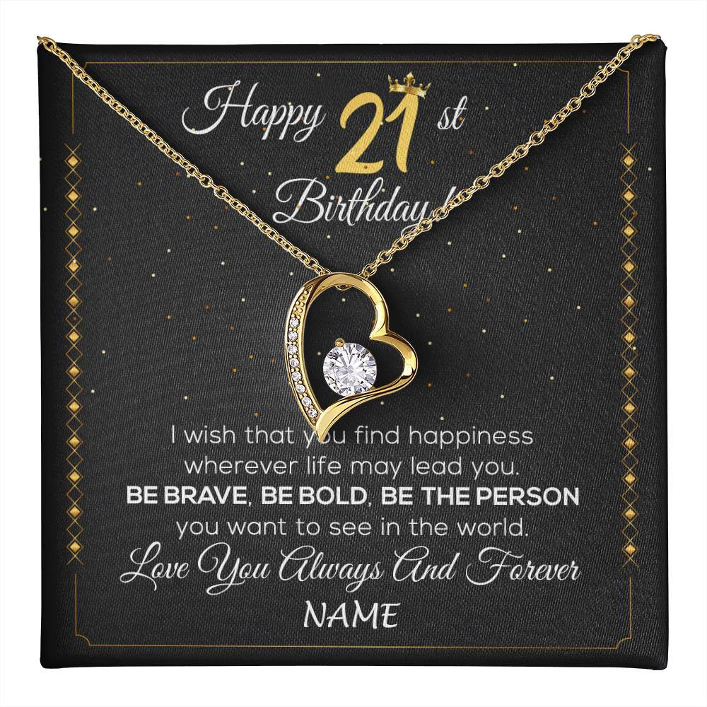 Forever Love Necklace 18K Yellow Gold Finish | 1 | Personalized Happy 21st Birthday Necklace For Her Girls Daughter Niece Sister Goddaughter Granddaughter 21 Year Old Birthday Customized Gift Box Message Card | teecentury