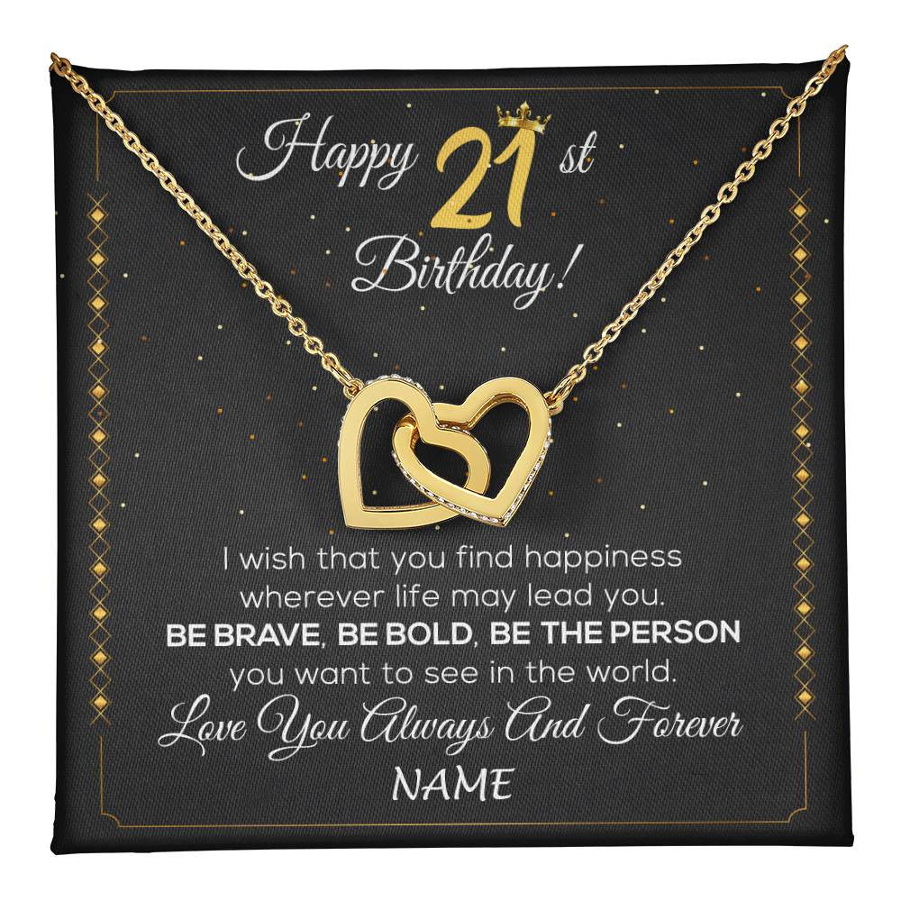 Interlocking Hearts Necklace 18K Yellow Gold Finish | 1 | Personalized Happy 21st Birthday Necklace For Her Girls Daughter Niece Sister Goddaughter Granddaughter 21 Year Old Birthday Customized Gift Box Message Card | teecentury