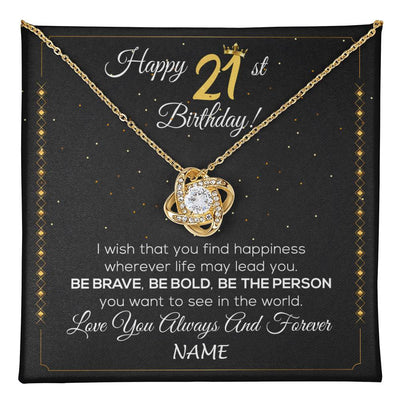 Love Knot Necklace 18K Yellow Gold Finish | 1 | Personalized Happy 21st Birthday Necklace For Her Girls Daughter Niece Sister Goddaughter Granddaughter 21 Year Old Birthday Customized Gift Box Message Card | teecentury
