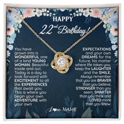 Love Knot Necklace 18K Yellow Gold Finish | 1 | Personalized Happy 22nd Birthday Gifts Necklace Sweet Fifteen 22nd Year Old Girl Birthday Gift Ideas For Her Daughter Niece Jewelry Gift Box Message Card | teecentury