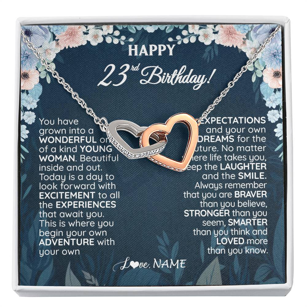 Interlocking Hearts Necklace Stainless Steel & Rose Gold Finish | 1 | Personalized Happy 23rd Birthday Gifts Necklace Sweet Fifteen 23rd Year Old Girl Birthday Gift Ideas For Her Daughter Niece Jewelry Gift Box Message Card | teecentury