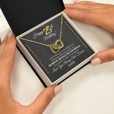 Interlocking Hearts Necklace 18K Yellow Gold Finish | 2 | Personalized Happy 25Th Birthday Necklace For Her Girls Daughter Niece Sister Goddaughter Granddaughter 25 Year Old Birthday Customized Gift Box Message Card | teecentury