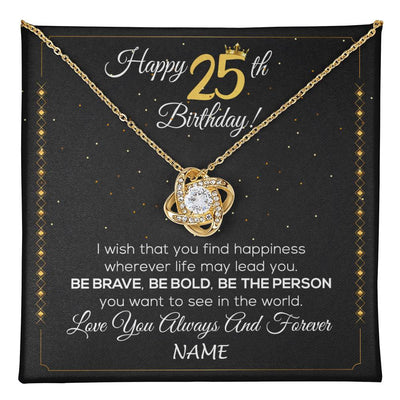 Love Knot Necklace 18K Yellow Gold Finish | 1 | Personalized Happy 25Th Birthday Necklace For Her Girls Daughter Niece Sister Goddaughter Granddaughter 25 Year Old Birthday Customized Gift Box Message Card | teecentury