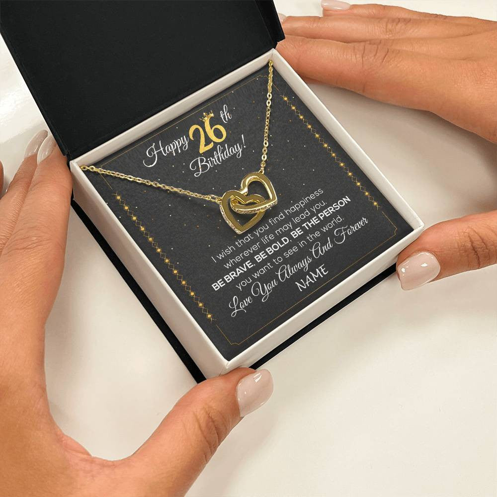 Interlocking Hearts Necklace 18K Yellow Gold Finish | 2 | Personalized Happy 26Th Birthday Necklace For Her Girls Daughter Niece Sister Goddaughter Granddaughter 26 Year Old Birthday Customized Gift Box Message Card | teecentury