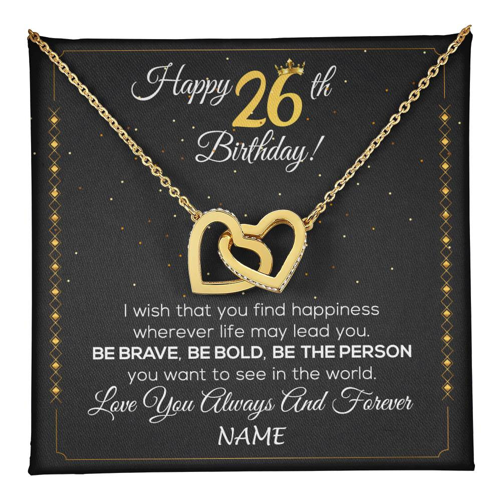 Interlocking Hearts Necklace 18K Yellow Gold Finish | 1 | Personalized Happy 26Th Birthday Necklace For Her Girls Daughter Niece Sister Goddaughter Granddaughter 26 Year Old Birthday Customized Gift Box Message Card | teecentury