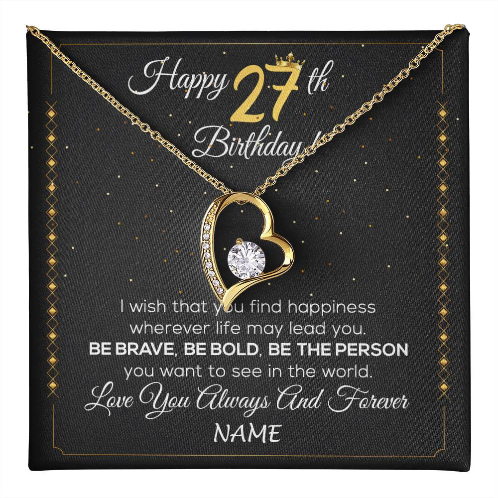 Forever Love Necklace 18K Yellow Gold Finish | 1 | Personalized Happy 27Th Birthday Necklace For Her Girls Daughter Niece Sister Goddaughter Granddaughter 27 Year Old Birthday Customized Gift Box Message Card | teecentury