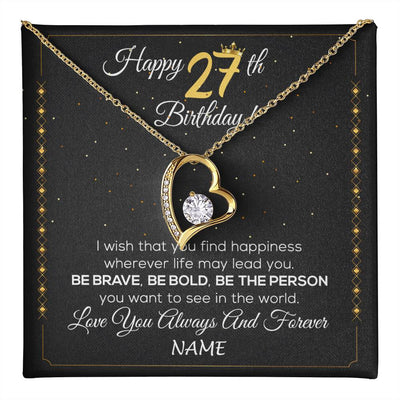 Forever Love Necklace 18K Yellow Gold Finish | 1 | Personalized Happy 27Th Birthday Necklace For Her Girls Daughter Niece Sister Goddaughter Granddaughter 27 Year Old Birthday Customized Gift Box Message Card | teecentury