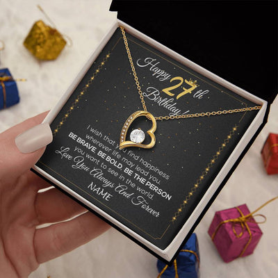 Forever Love Necklace 18K Yellow Gold Finish | 2 | Personalized Happy 27Th Birthday Necklace For Her Girls Daughter Niece Sister Goddaughter Granddaughter 27 Year Old Birthday Customized Gift Box Message Card | teecentury