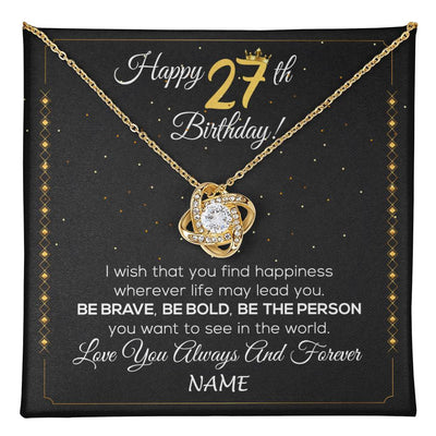 Love Knot Necklace 18K Yellow Gold Finish | 1 | Personalized Happy 27Th Birthday Necklace For Her Girls Daughter Niece Sister Goddaughter Granddaughter 27 Year Old Birthday Customized Gift Box Message Card | teecentury