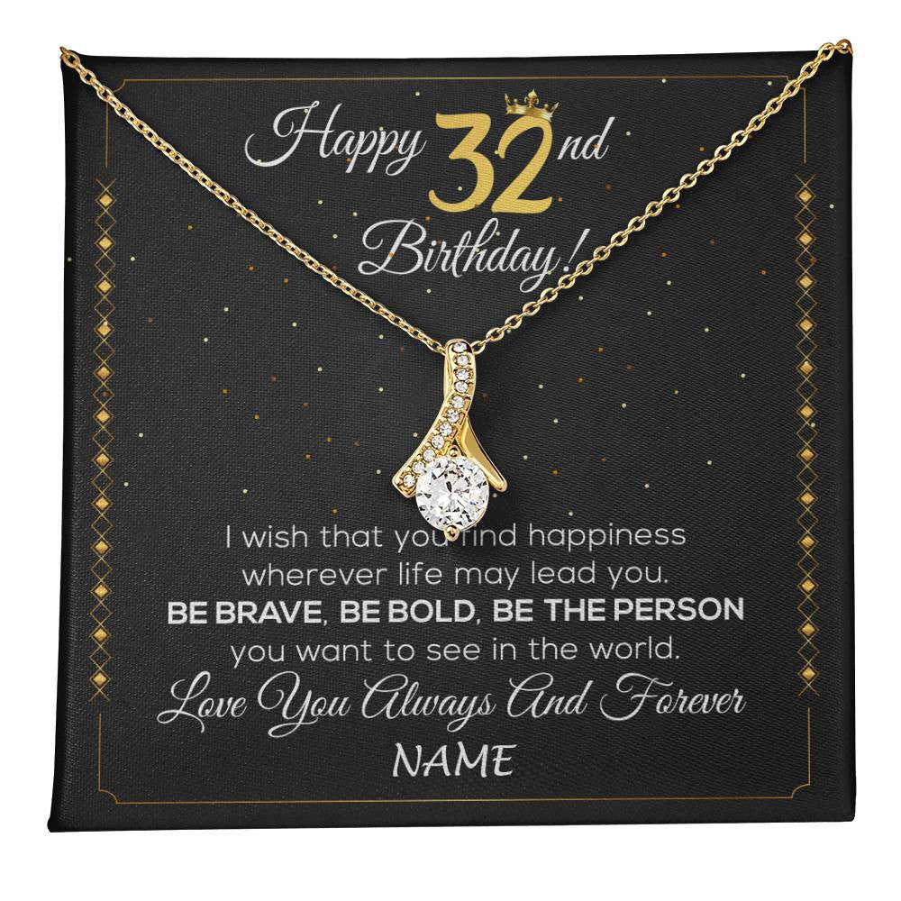 Alluring Beauty Necklace 18K Yellow Gold Finish | 1 | Personalized Happy 32nd Birthday Necklace For Her Girls Daughter Niece Sister Goddaughter Granddaughter 32 Year Old Birthday Customized Gift Box Message Card | teecentury