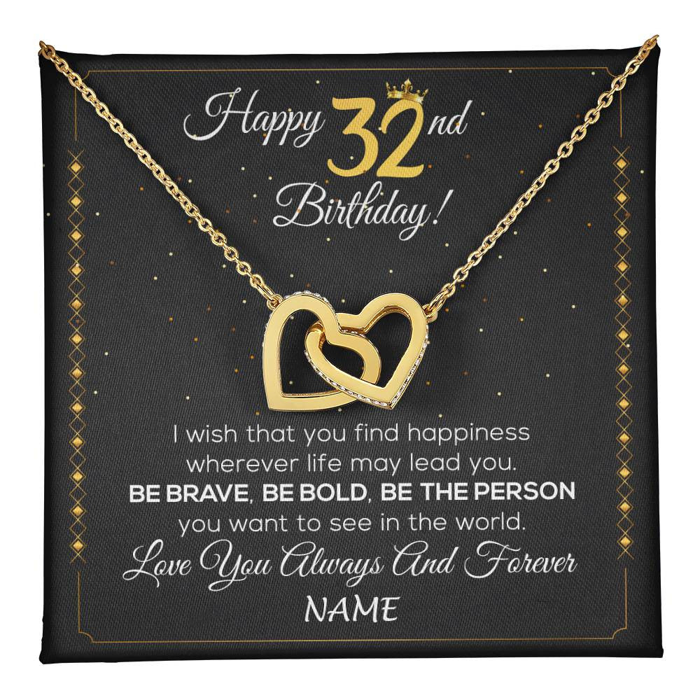 Interlocking Hearts Necklace 18K Yellow Gold Finish | 1 | Personalized Happy 32nd Birthday Necklace For Her Girls Daughter Niece Sister Goddaughter Granddaughter 32 Year Old Birthday Customized Gift Box Message Card | teecentury