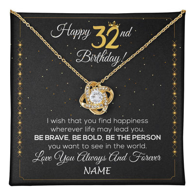 Love Knot Necklace 18K Yellow Gold Finish | 1 | Personalized Happy 32nd Birthday Necklace For Her Girls Daughter Niece Sister Goddaughter Granddaughter 32 Year Old Birthday Customized Gift Box Message Card | teecentury